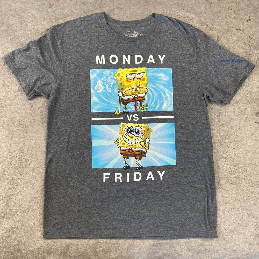SpongeBob SquarePants T-Shirt Mens Large Gray Monday vs Friday Graphic Tee Humor
